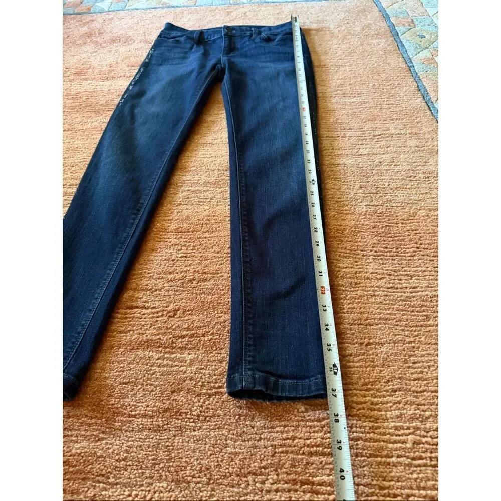 White House Black Market Skinny Leg Dark Wash Jeans Blue Stretch Rhinestone Trim